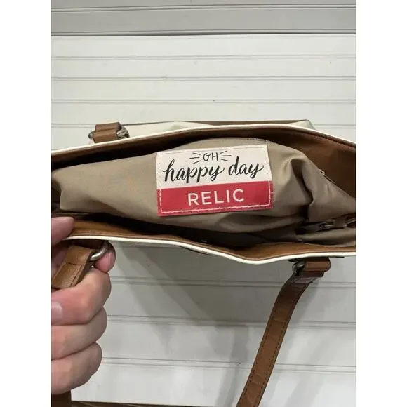 RELIC Shoulder Bag Tote Handbag Ivory Faux Leather with Brown Trim Double Handle - Picture 5 of 7